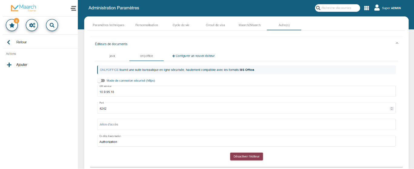 Screenshot of Maarch Courrier's admin OnlyOffice interface